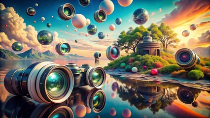 Obraz premium Surreal Exploration of Camera Lenses: A Dreamlike Journey Through Creative Perspectives and Optical Illusions in Photography