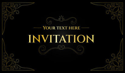 premium card invitation with vintage gold patterns on black background. vector illustration