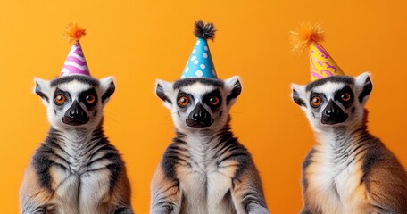 Naklejka premium Three funny lemurs in colorful with party hats, on an orange background.