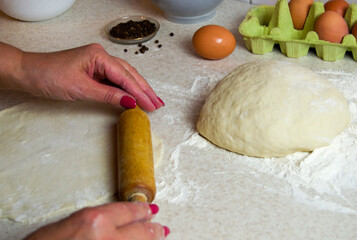 Making dumpling. Rolling dough with rolling pin.Jiaozi preparation.
