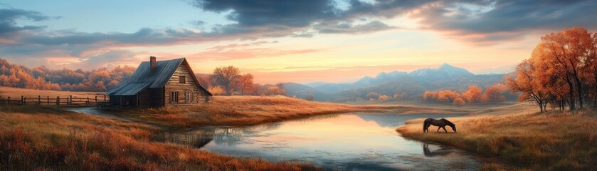 Fototapeta premium Tranquil Rural Landscape A Single Horse Grazes Under a Warm Sunset, Bathed in Golden Light and Shadow, Near a Rustic Cabin and Stream