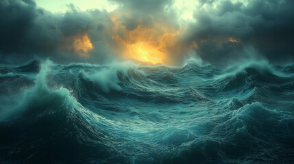 Naklejka premium Dramatic Ocean Waves in Thunderstorm with Lightning Striking Through Dark Clouds