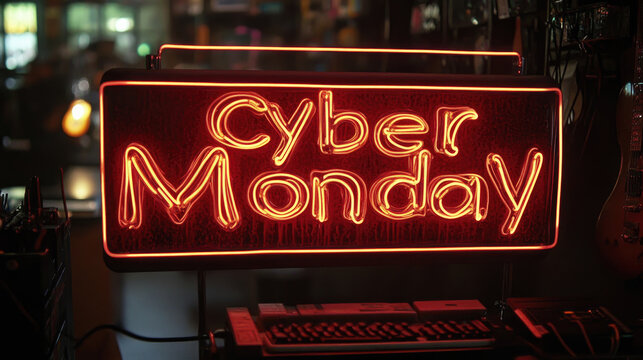 The vibrant Cyber Monday sign lights up the interior of a local shop, attracting customers on a busy shopping day during the holiday season