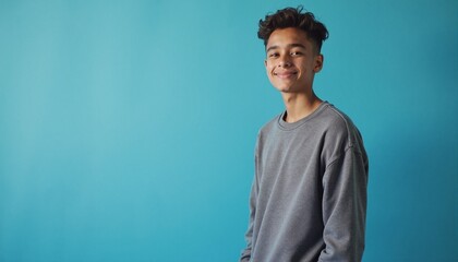 Obraz premium Smiling teenager with cheerful expression posing against turquoise background with copy space