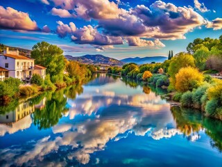 Fototapeta premium Surreal Landscape of the Wide River Ebre Flowing Near Amposta, Spain with Dreamlike Colors and Ethereal Reflections Capturing a Breathtaking Natural Scene in a Unique Perspective