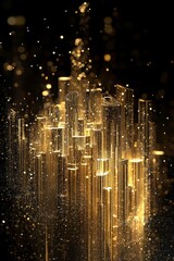 Obraz premium A glowing gold city skyline with light particles on a black background, a futuristic digital technology and architecture concept.