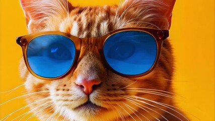 A ginger cat wearing blue sunglasses against a bright yellow background.