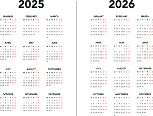 Calendar 2025 and 2026 vector templates start Monday simple design