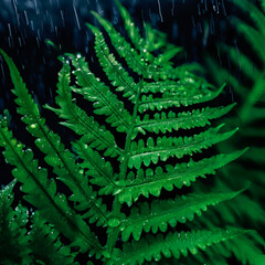 Fototapeta premium Fresh Green Fern Leaves in Rainfall Close-Up