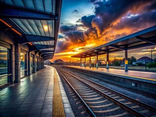Fototapeta premium Surreal Platform With No Sign Board and Passenger Train at Dusk, Evoking Mystery and Ambiguity in a Dreamlike Landscape of Shadows and Light