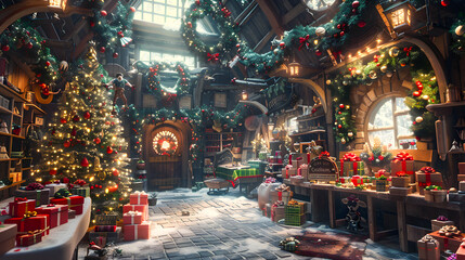 Inside Santa's North Pole workshop, merry elves craft gifts for the grand Christmas night, spreading joy worldwide