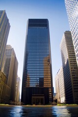 Fototapeta premium Modern Skyscraper Reflected in Glass Facade, Cityscape Perspective, Urban Architecture