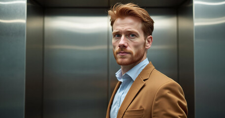 Businessman with thoughtful expression standing in elevator against metallic background