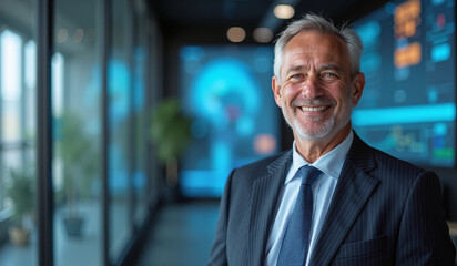 Fototapeta premium Confident Senior Executive Smiling Warmly Against High-Tech Office Background