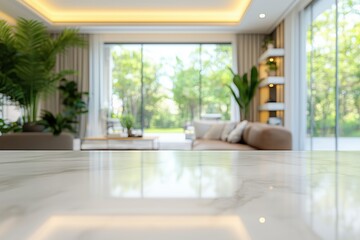 Fototapeta premium Marble tabletop in elegant living room with open view for product placement