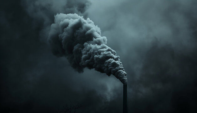 Dark smoke billows from an industrial chimney, polluting the air.