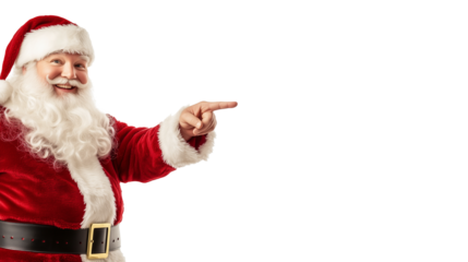 Isolated santa claus is pointing and smiling. Santa is holting a sign. Advertisement. Transparent. Template. 