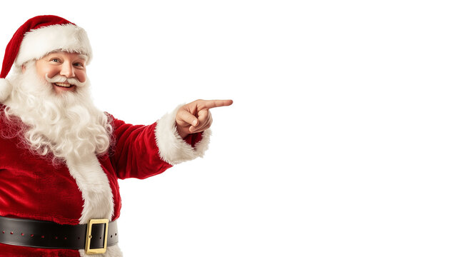 Isolated santa claus is pointing and smiling. Santa is holting a sign. Advertisement. Transparent. Template. 