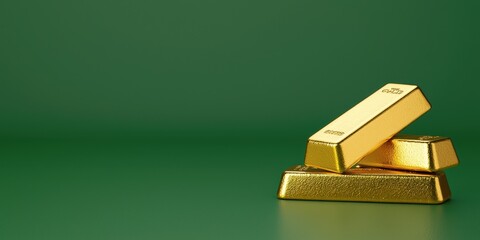 Three gleaming gold bars stacked on a vibrant green background for luxury themes.