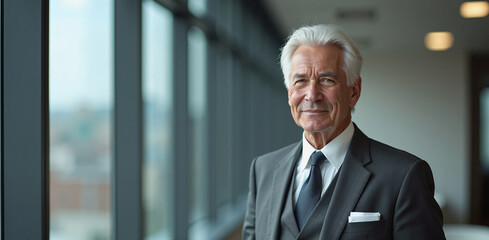 Fototapeta premium Senior businessman with confident smile standing in modern office against window view
