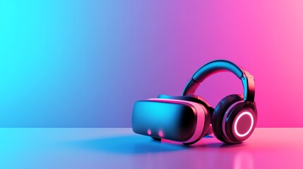 A VR headset and headphones on a pink and blue background.