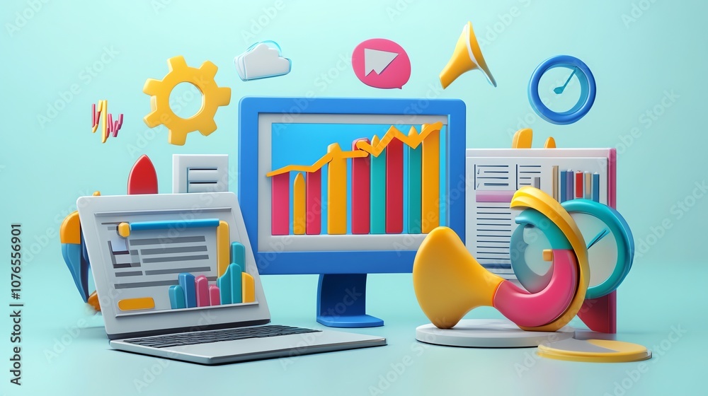 Poster 3d illustration of a computer monitor displaying a graph with a colorful data visualization surround