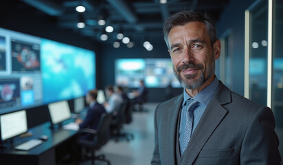 Confident businessman with friendly smile in high-tech control room