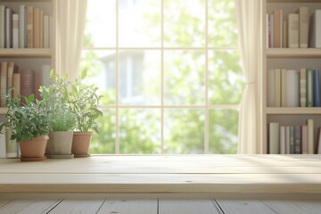 Fototapeta premium Sunlit table with houseplants by window, product placement