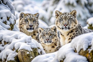 Obraz premium Surreal Snow Leopards Camouflaged in a Snowy Landscape, Blending Elegantly with the Winter Wonderland, Capturing the Essence of Nature’s Hidden Beauty and Wildlife Mystique