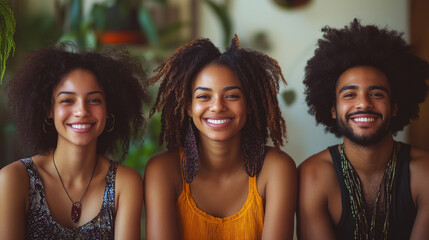 Fototapeta premium Three cheerful friends with curly hairstyles sit closely together, enjoying each other's company in a vibrant, plant-filled room