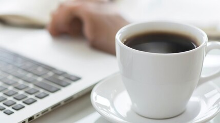 Person working on a laptop at a desk with a cup of coffee