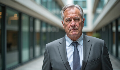 Fototapeta premium Senior businessman with serious expression standing in modern office corridor