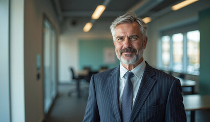 Naklejka premium Confident Senior Executive with Determined Expression Standing in Modern Office