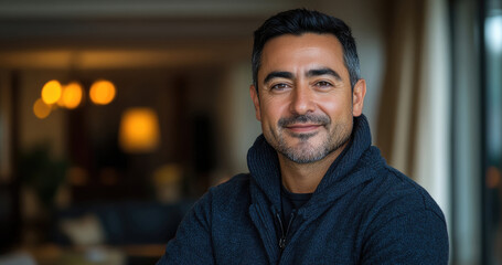 A smiling man is seen indoors, wearing a cozy sweater, with soft lighting creating a welcoming ambiance in the evening