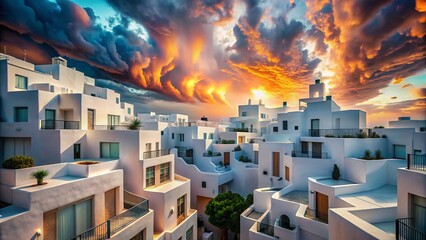 Fototapeta premium Surreal Vision of White Buildings in a Residential Area with Dreamlike Skies and Unusual Perspectives Enhancing Architectural Forms and Urban Landscapes