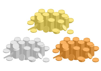 大量に積まれたコインの山（金貨・銀貨・銅貨）の透過PNGラスターイラスト素材