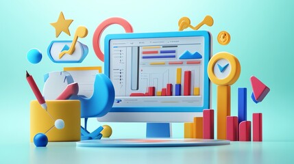 3D illustration of a computer monitor displaying a graph with a colorful data visualization surrounding it.