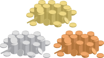 大量に積まれたコインの山（金貨・銀貨・銅貨）のベクターイラスト素材