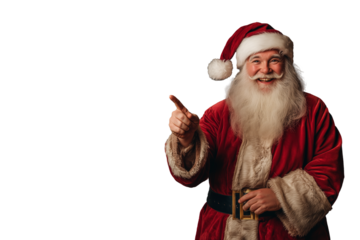 Isolated santa claus is pointing and smiling. Santa is holting a sign. Advertisement. Transparent. Template. 