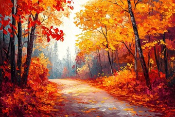 Naklejka premium An oil painting of an autumn forest with trees displaying red, orange, and yellow leaves. A road is visible through the foliage