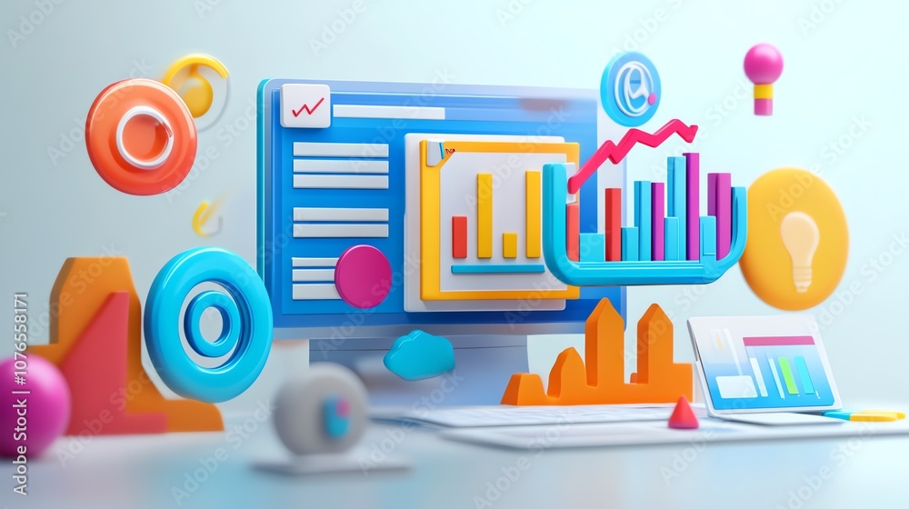 Poster a 3d rendering of a computer screen with a graph showing growth and various colorful data visualizat