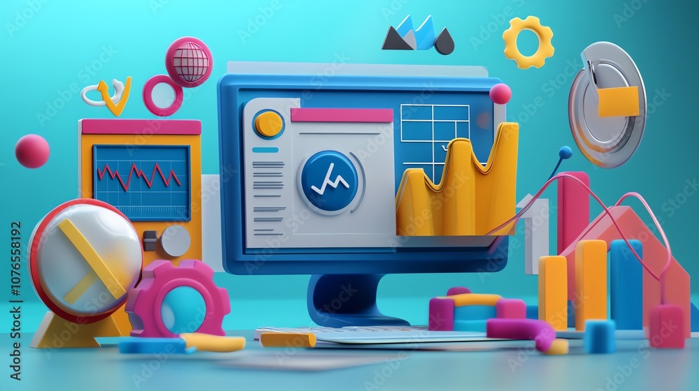 Poster 3d illustration of a computer monitor displaying a graph with a colorful data visualization surround