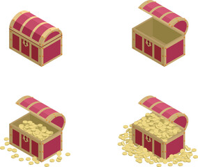 洞窟の奥地で発見した金銀財宝あふれる宝箱のイラスト素材セット（ベクターEPS）