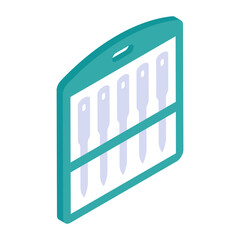 Knitting sews in a Box isometric flat design, Handcrafted symbol, Perfect fit clothing sign,Sew and Tailor materials stock illustration, Large Eye Needles Set in Different Sizes concept