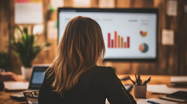 A businesswoman discussing marketing strategies with her team, with a presentation on the screen and collaborative discussion 