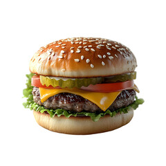 A Cheeseburger with Lettuce, Tomato, Pickles, and Sesame Seed Bun Isolated on a Transparent Background.
