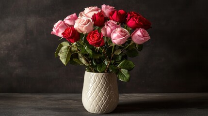Pink and red roses in a vase with soft lighting