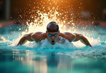 Professional Swimmer in the Olympics Man in Swimming Cap and Goggles, Competing in the Pool
