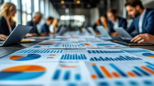 A diverse group collaborates in a contemporary office, focusing on financial charts and data analysis on a long table surrounded by laptops