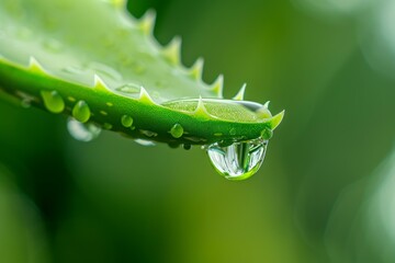 Close up of a water droplet hanging from the tip of an aloe vera leaf reflecting the surrounding environment